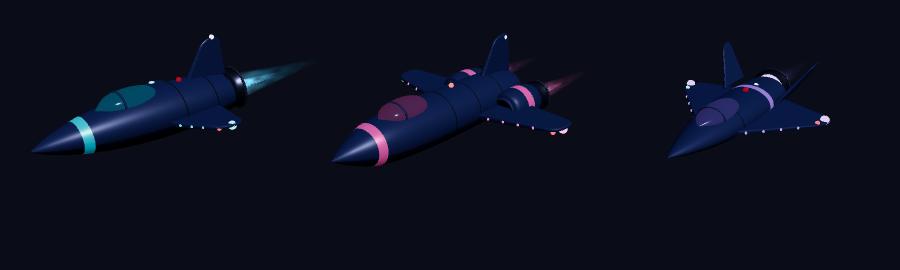 The new ships: smooth solid hulls with nav lights and exhaust plumes
