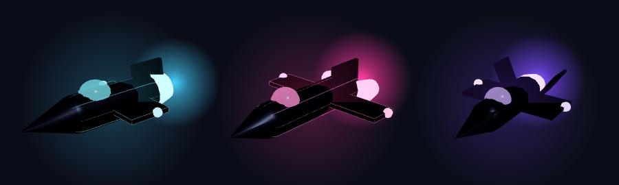 The original ships: dark hulls outlined in neon with a big glow behind them